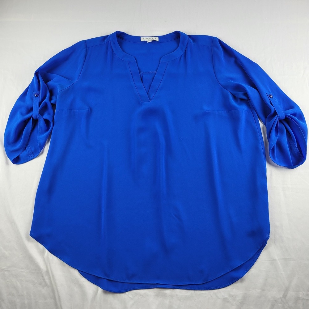 Chaus New York Split Neck Loose Blouse Women's Size 1X Blue Roll-Tab Sleeve